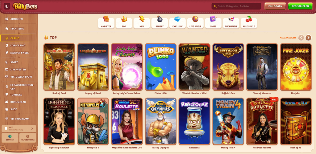 BillyBets Online-Casino-Spiele-Lobby