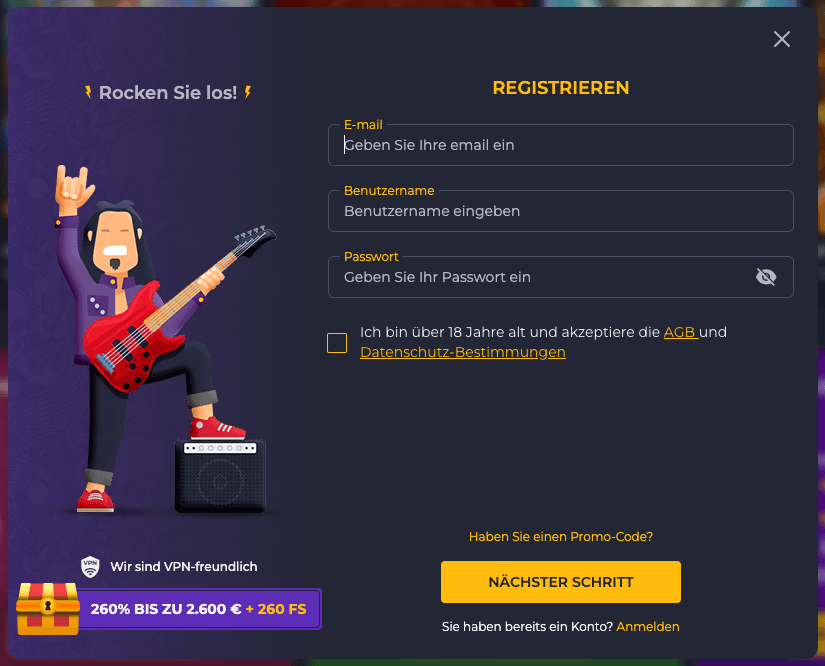 Rolling Slots Anmeldeformular